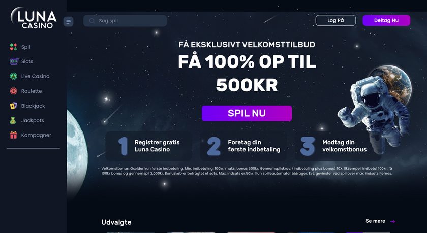 Luna Casinos danske forside fotograferet 24. oktober 2026
